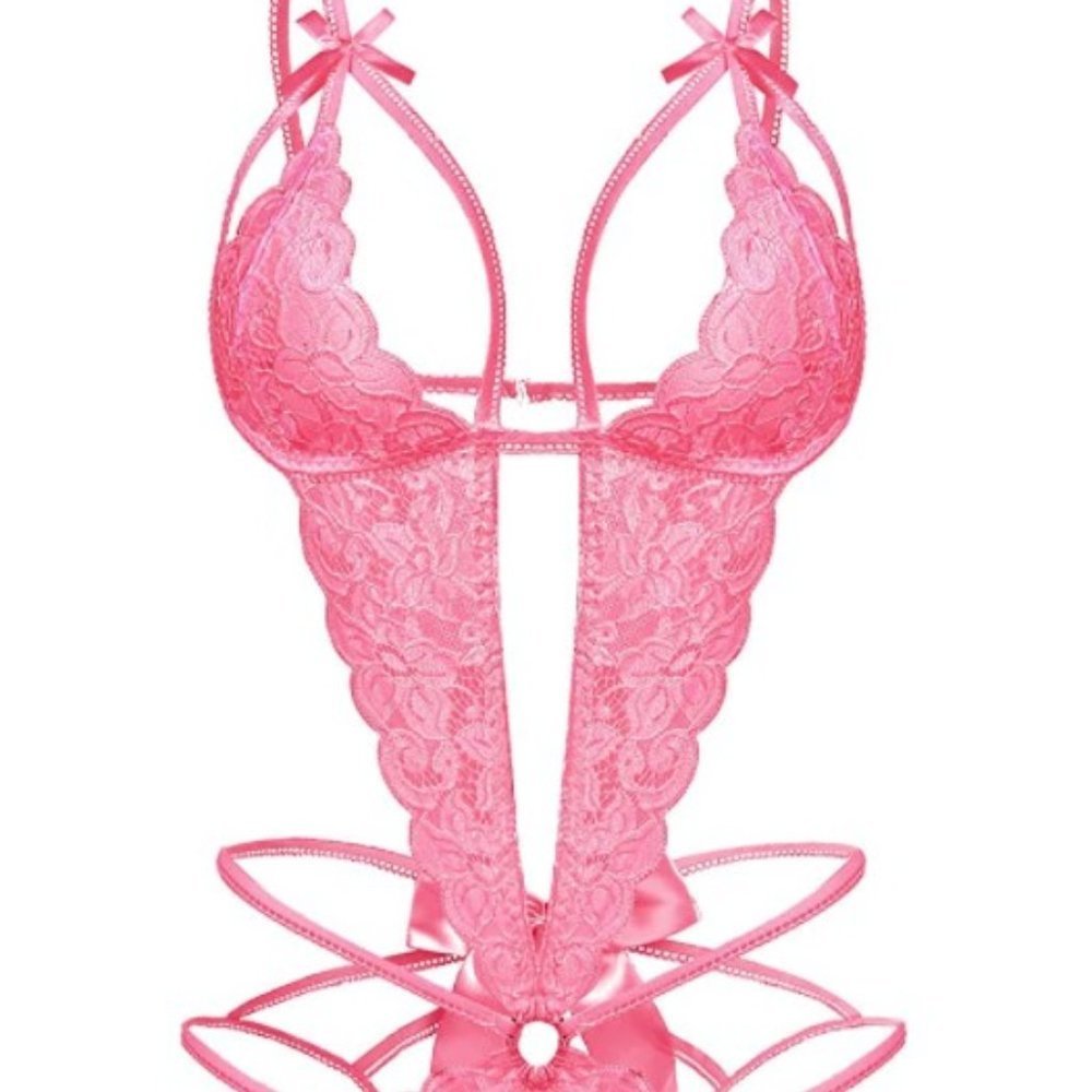 Women's Pink Deep V Lace Strappy Cotton Bow Hollow Bodysuit Teddy Lingerie